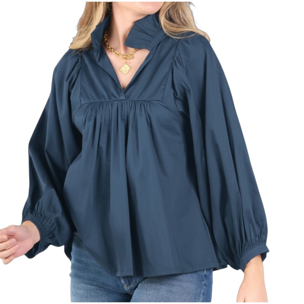 NWT Emily McCarthy VINTAGE INDIGO BLUE Stella Top Poplin RUFFLE STAND Collar XS